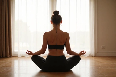 A person meditating or exercising gently, representing mental wellness
