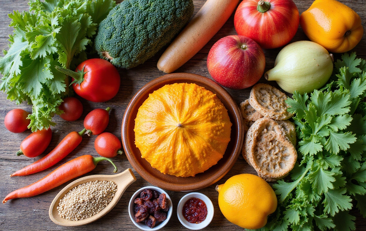 A vibrant display of fresh, healthy food including fruits, vegetables, and whole grains, arranged artfully on a wooden table, symbolizing nutritious eating.