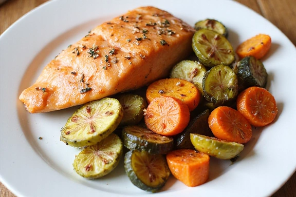 A colorful plate of roasted vegetables and lean protein, illustrating a balanced meal.