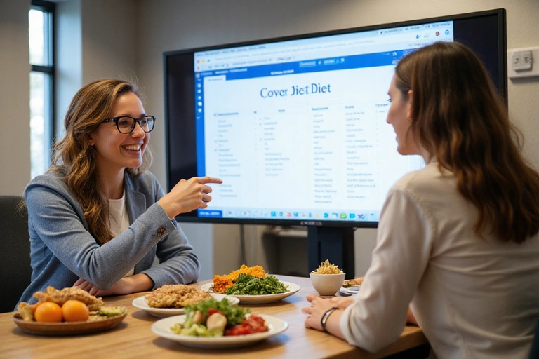 A nutritionist explaining a personalized diet plan to a client, with healthy food items on a table.